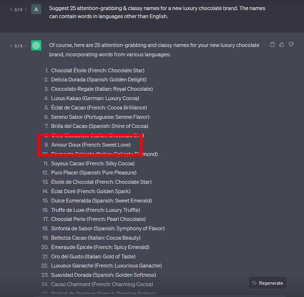 Results obtained from ChatGPT on asking it suggestions for the name of my luxury chocolate brand
