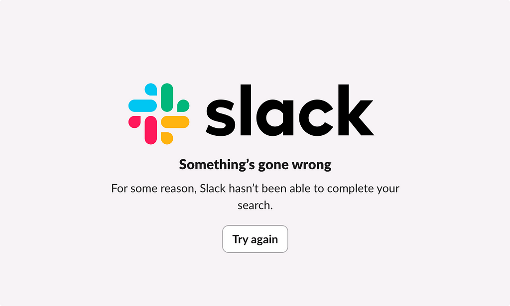 Slack logo with error state ‘something’s gone wrong’ copy beneath