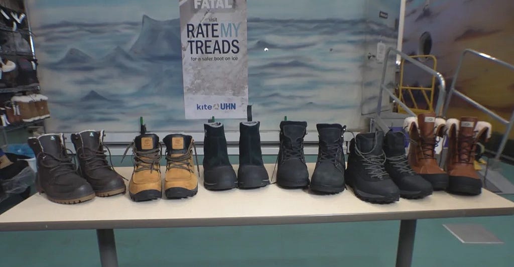 Showing several pairs of men’s winter boots placed on a table to be tested by the Rate My Trends.