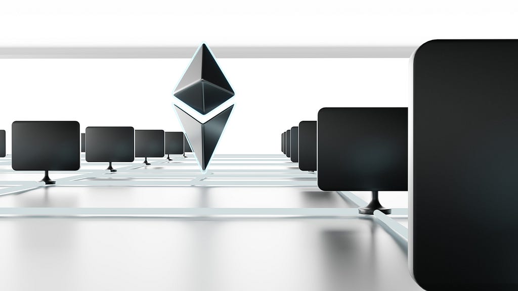 Two rows of computer monitor silhouettes with the Ethereum symbol, in black, in the middle.