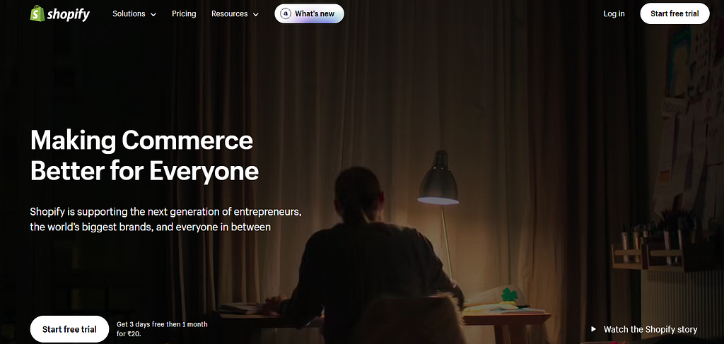 The snapshot of Shopify’s homepage as of 19–02–2024 with An antique typewriter with a blank sheet of sits on a wooden desk. The image text says; Making Commerce Better for Everyone: https://www.shopify.com/