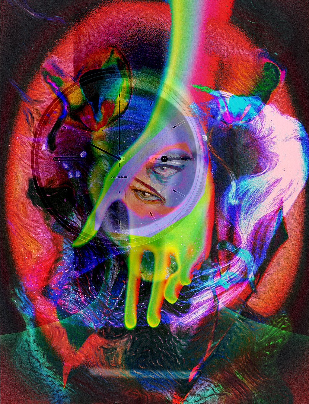 A neon coloured collage, a digital artwork.