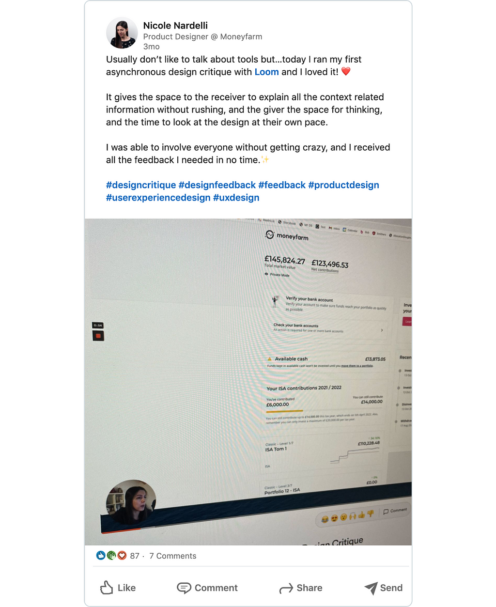 Linkedin post from myself explaining my experience with Loom and async design critique.