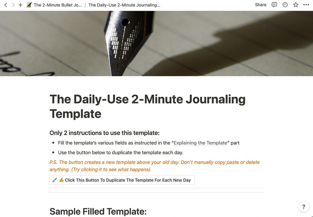 Screenshot of the 2-minute notion journaling template’s inside