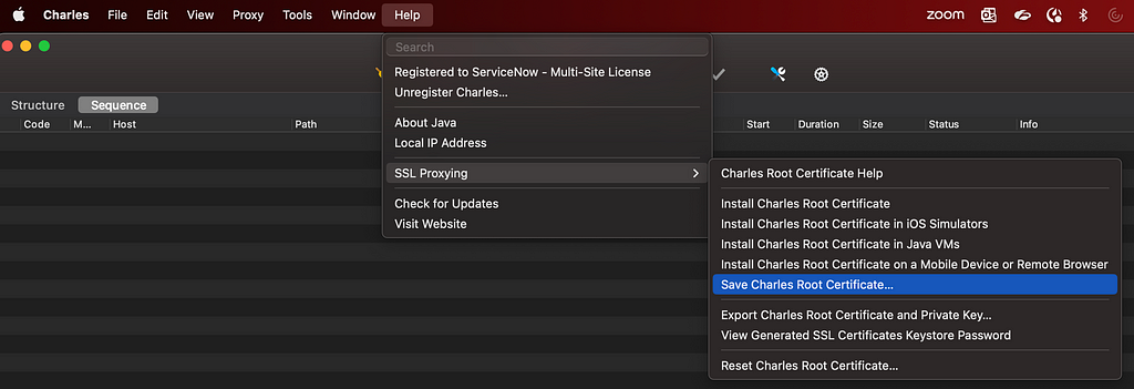 Save Charles Root Certificate can be found under SSL Proxying from Help menu