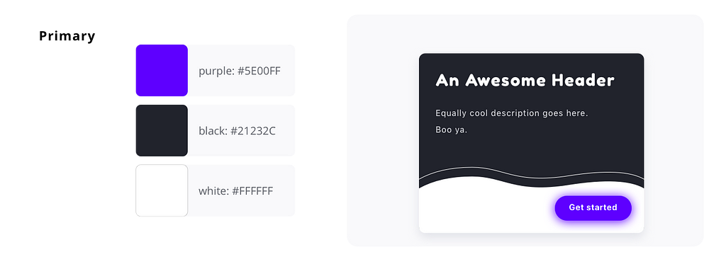 Here, primary colors are purple, black, and white. The primary colors are also shown on a card with button UI.