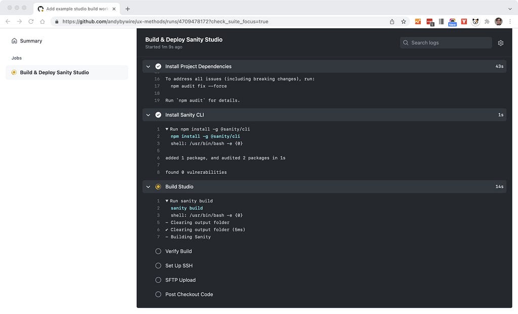 Screenshot of the Build & Deploy workflow showing details of the run in progress