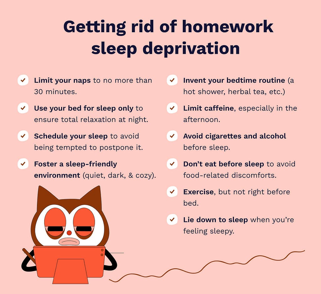 The picture lists the strategies to get rid of homework sleep deprivation.