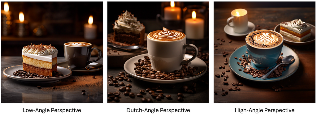 Variations in image of a cup of Cappuccino placed next to a piece of cake in a cafe, with different perspectives (generated using Midjourney)