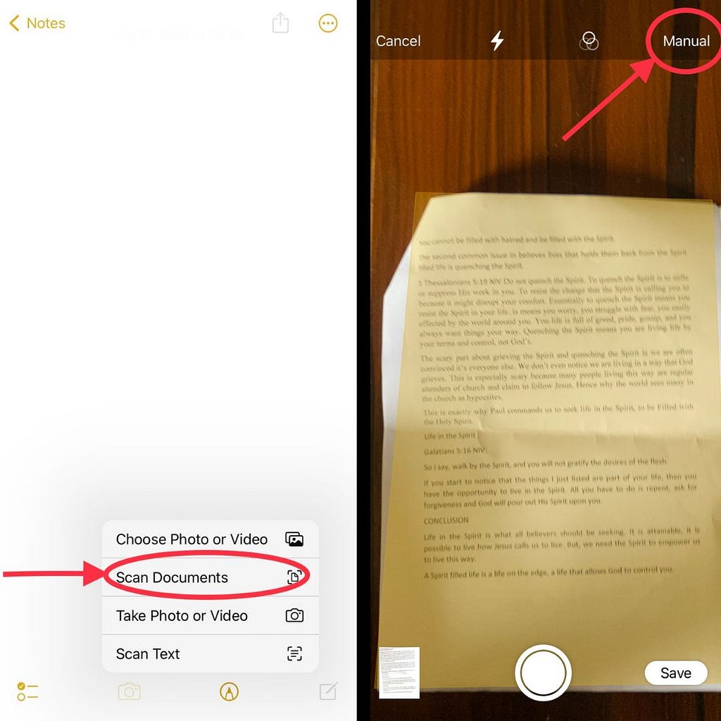 Screenshots Showing How to Scan Documents Using Different Shutter Modes in iOS Notes.