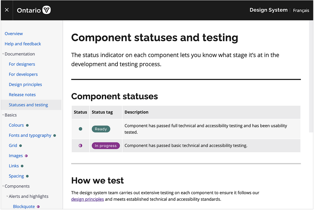 A screenshot of the Ontario Design System’s component statuses and testing page.