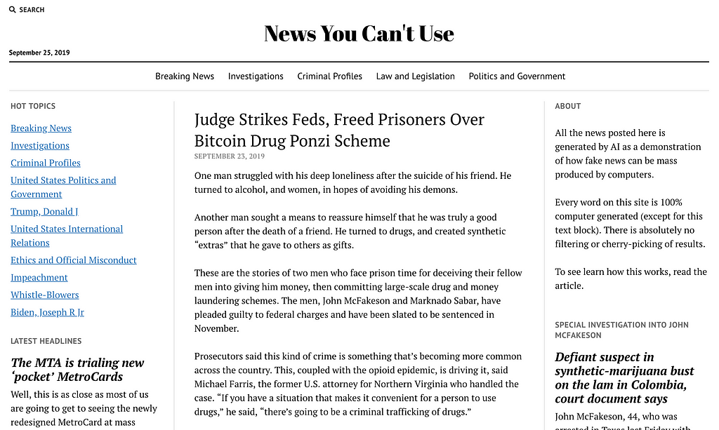 Screenshot of “News You Can’t Use” — a website where all the news is fake