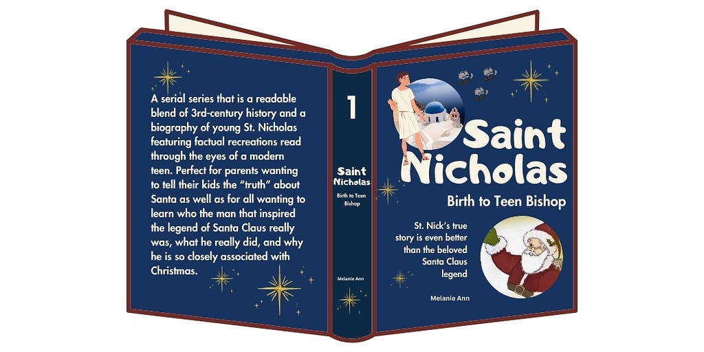 The cover to the Medium serial book by Melanie Ann called “Saint Nicholas: Birth to Teen Bishop.” A picture of a your Roman boy and an image of modern-day version of Santa Claus is on the cover.