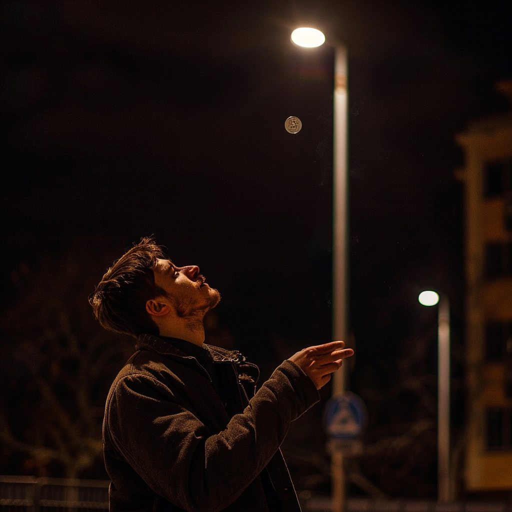 Image of a man standing under a streetlight at night flipping a coin