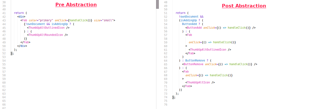 Code comparatif of the button before and after abstraction