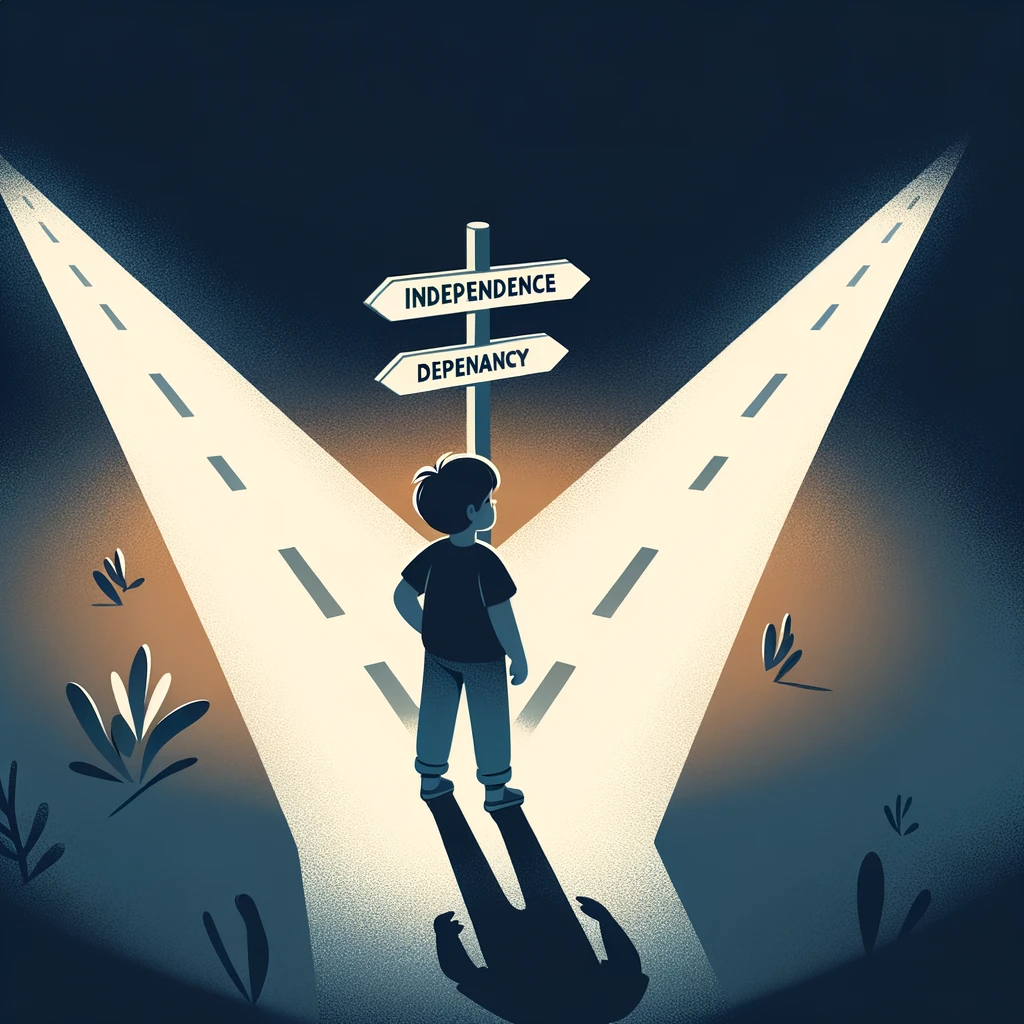 Child at a crossroads, weighing the balance between independence and dependency