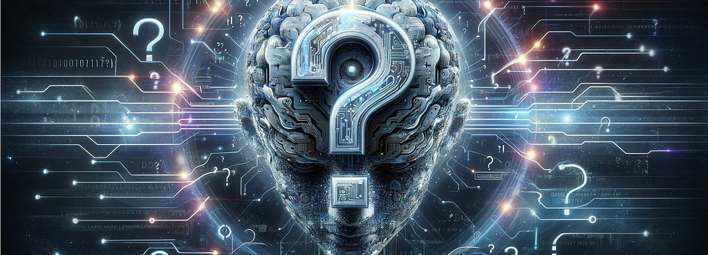 Image generated by DALL-E 3 in 2023: A cyber-techno figure shaped like a human head with a giant question mark on top, against a background of miscellaneous circuitry.
