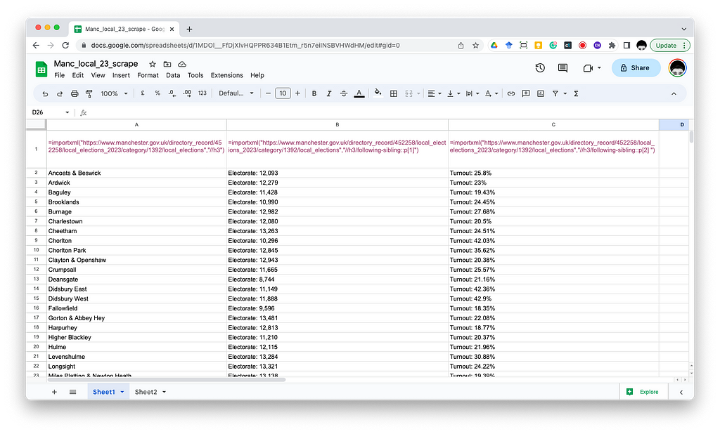 A screenshot of google sheets showing an example of using importXML