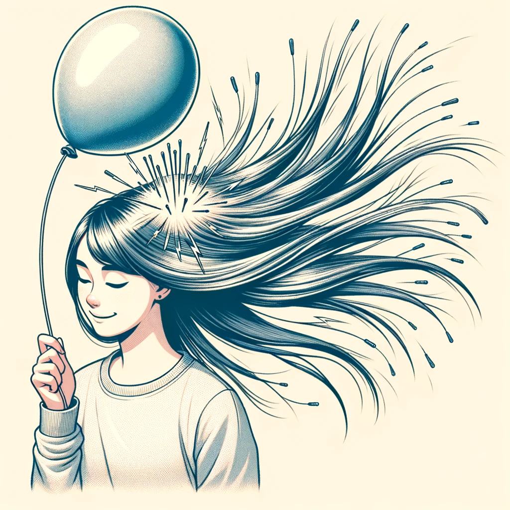 ChatGPT: Image of a person rubbing her long hair with a balloon.