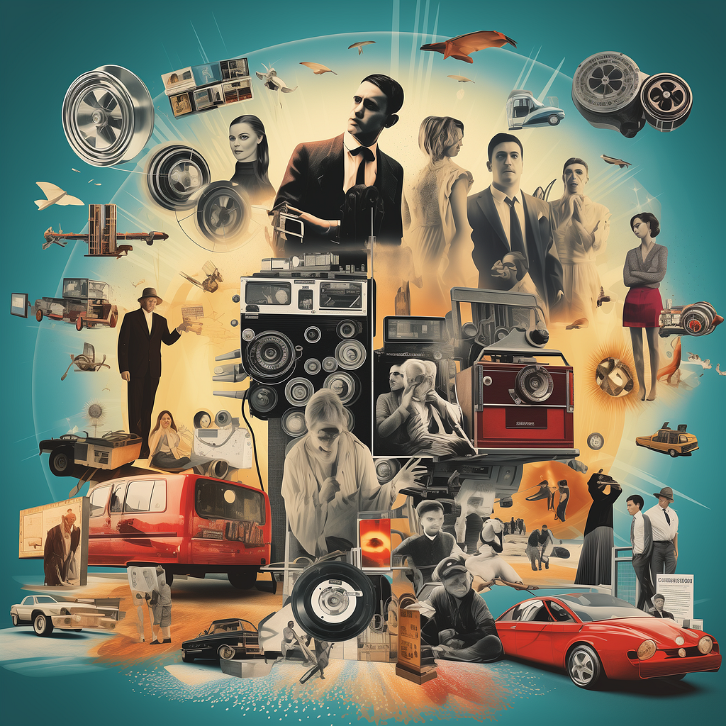 A visual timeline of cinema evolution, showcasing iconic movie scenes from the 1920s to the 2020s with elements of film history including a film reel, vintage and modern cameras, and VR headsets, reflecting the transition from silent films to the digital age