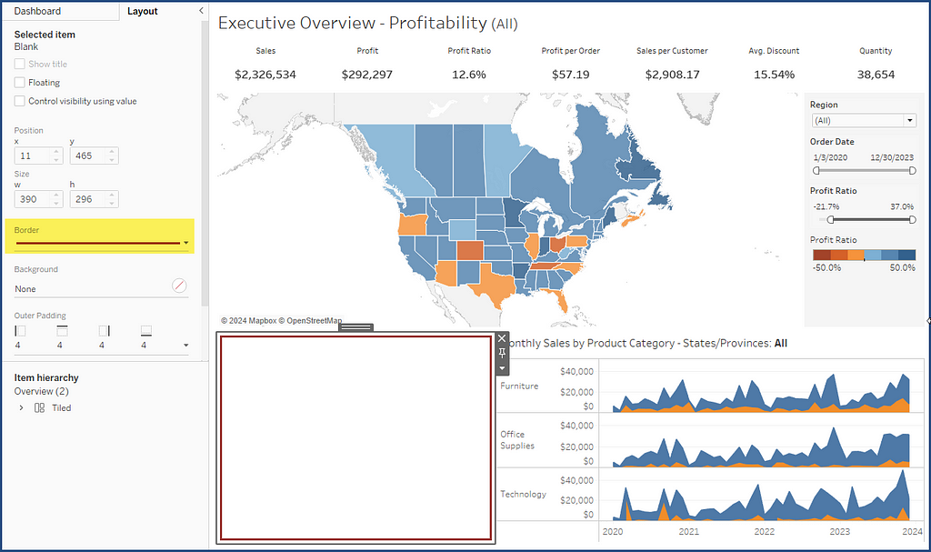 Superstore Sales dashboard showing the use of a blank as a placeholder for a missing viz in the lower left quadrant