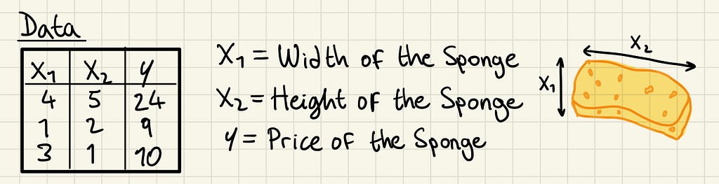 Training data for the linear regression example modelling prices of sponges