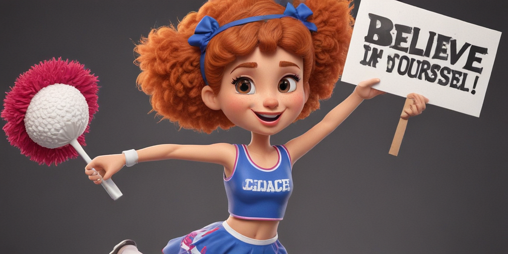 A lighthearted illustration of a coach dressed as a cheerleader, holding a pom-pom and a sign that says “Believe in Yourself!”