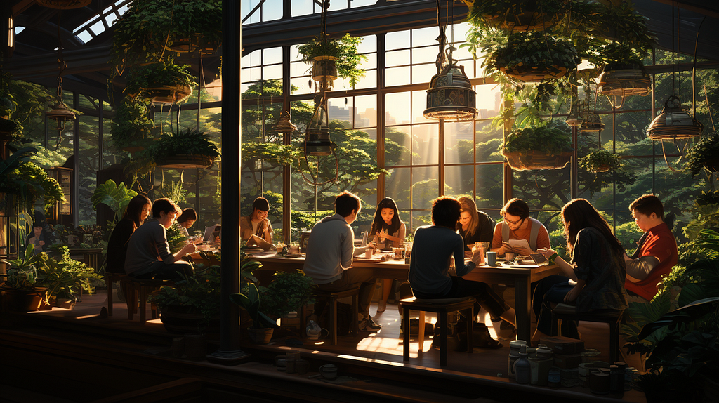 People sitting around a large table collaborating in a room full of windows and plants. Illustration in a Japanese Anime style
