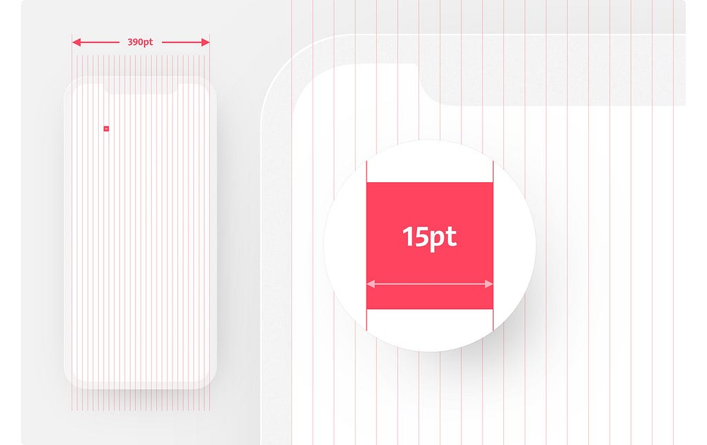 A light iPhone 12 Pro mockup. The width of the screen is marked 390pt with 26 columns, 15pt each.