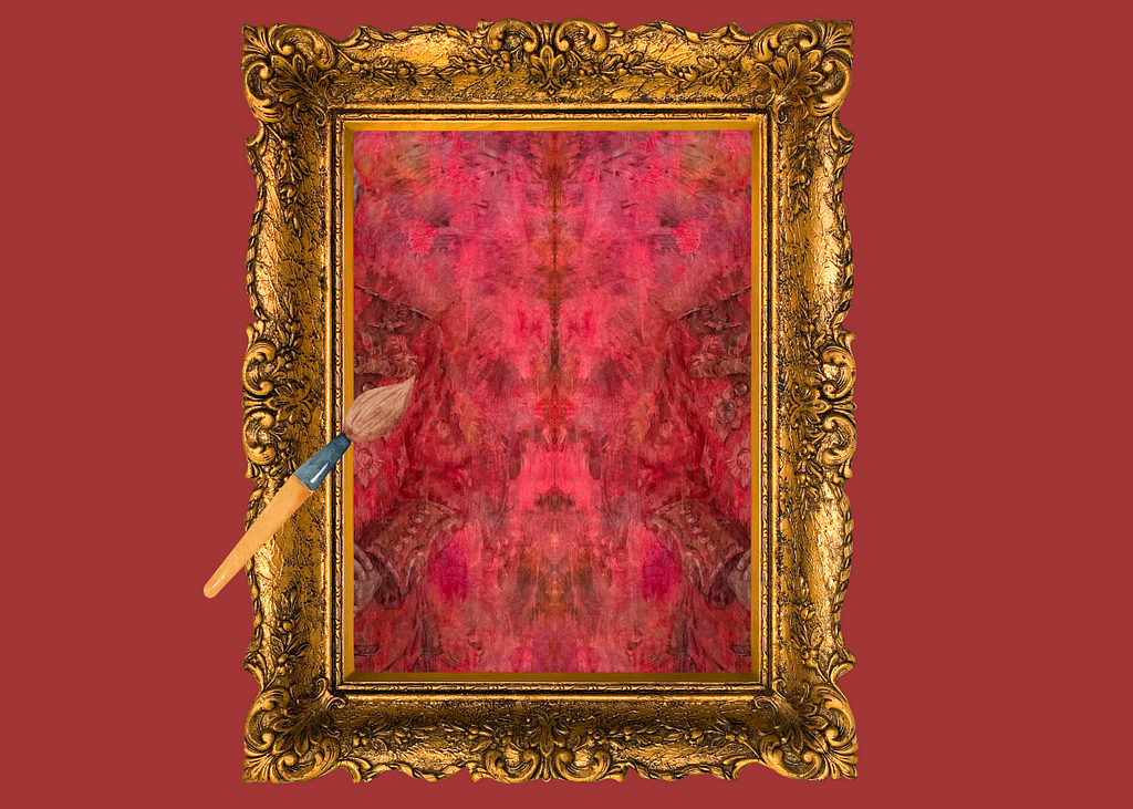 A mirrored Extract of the Royal Portrait painting of King Charles showing a satanic Baphomet face with a frame and paintbrush