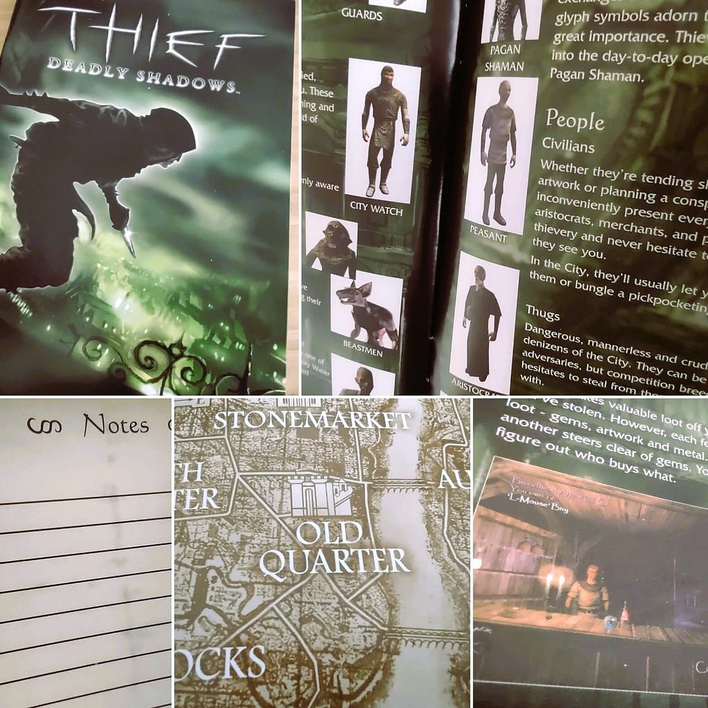 A collage of various photographs taken of the Thief: Deadly Shadows game manual