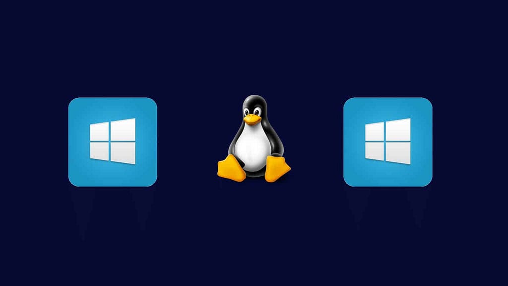 Linux penguin and windows logo on a dark blue background