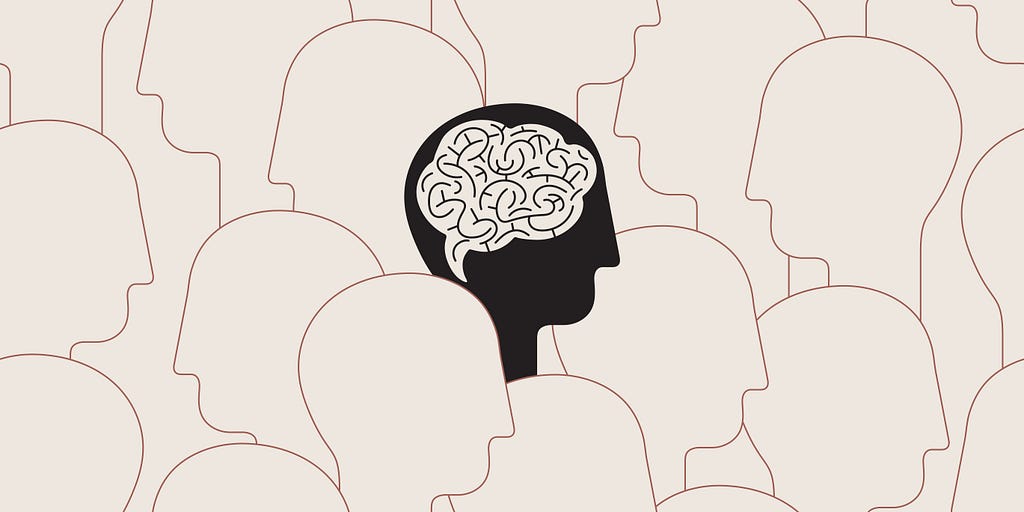 A minimalist illustration depicting a multitude of empty beige outlines, with a single black silhouette standing out in the center, inside which a stylized white brain is depicted.