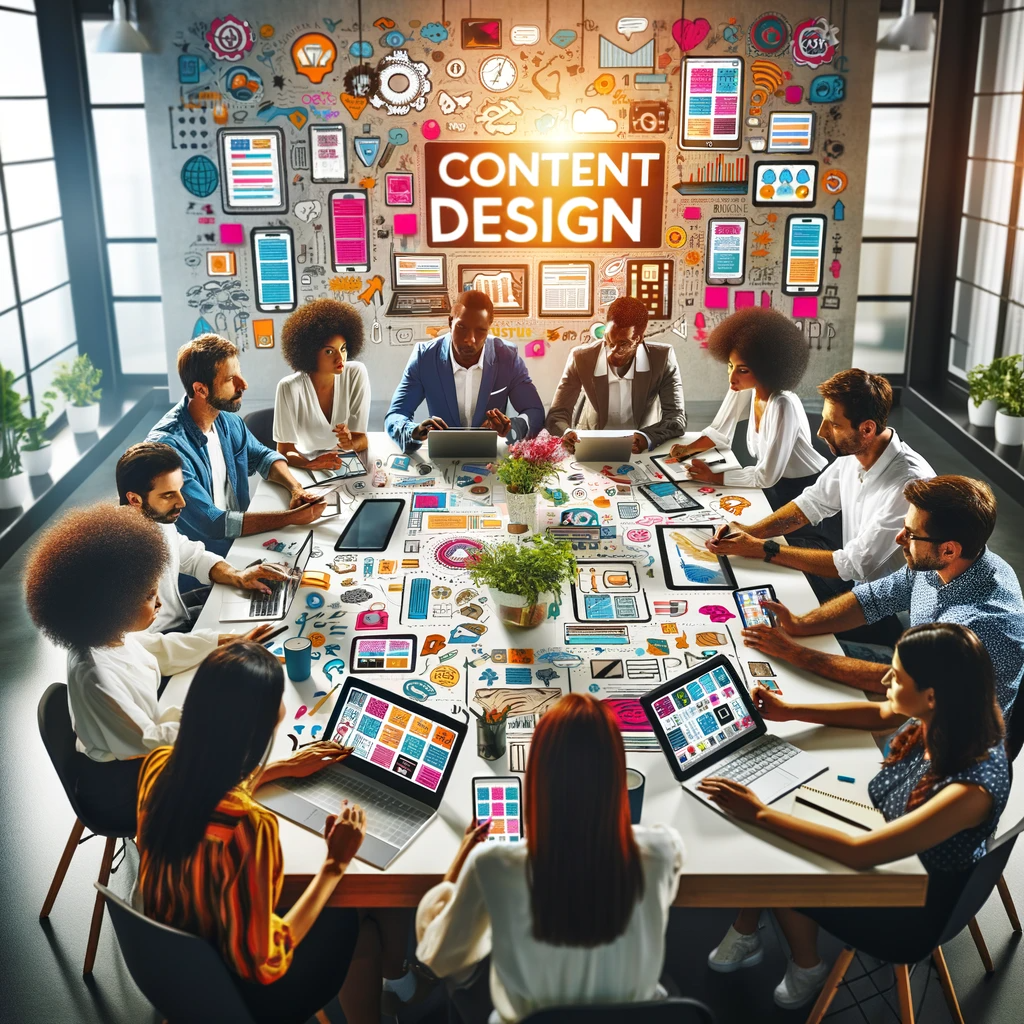 An AI generated image representing content design showing creative people around a table for a project.