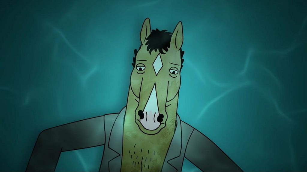 An animated horse wearing a blazer floating in water looking contemplative