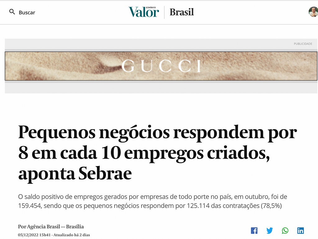 Texto: Pequenos negócios respondem por 8 em cada 10 empregos criados (Sebrae). Fonte: Valor