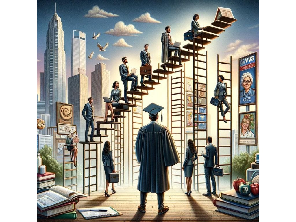 An inspiring image depicting an employee’s career progression at CVS, with symbolic elements like books and diplomas on a metaphorical ladder, illustrating the journey of growth and advancement within the company.