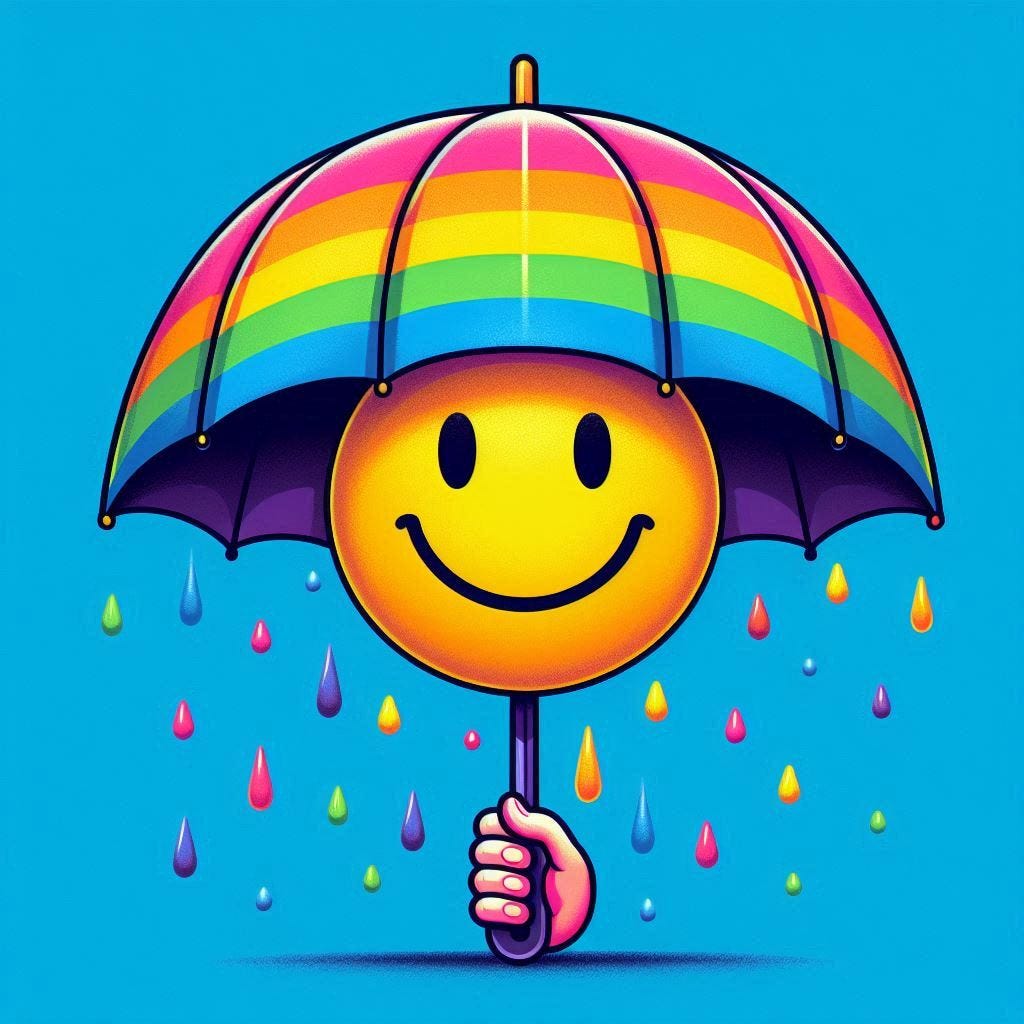 A hand holds a rainbow-colored umbrella with a smiley face on it. Colorful raindrops fall around the umbrella against a blue background.