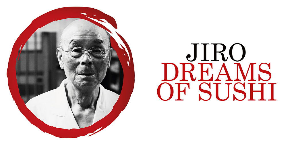 A minimalistic movie poster for the film Jiro Dreams of Sushi. Jiro looks directly at the camera, surrounded by a red circle