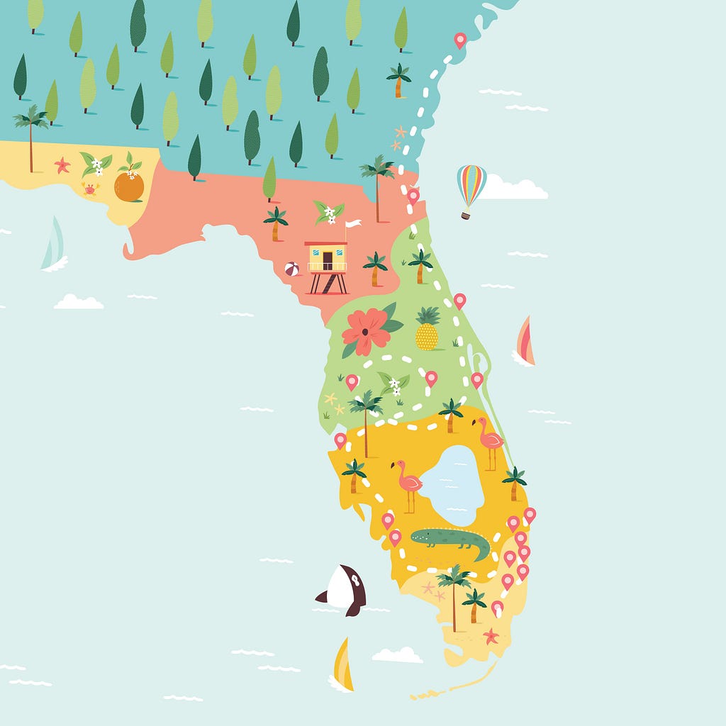 Map of Florida with pins in each location the Learn to Skate team visited