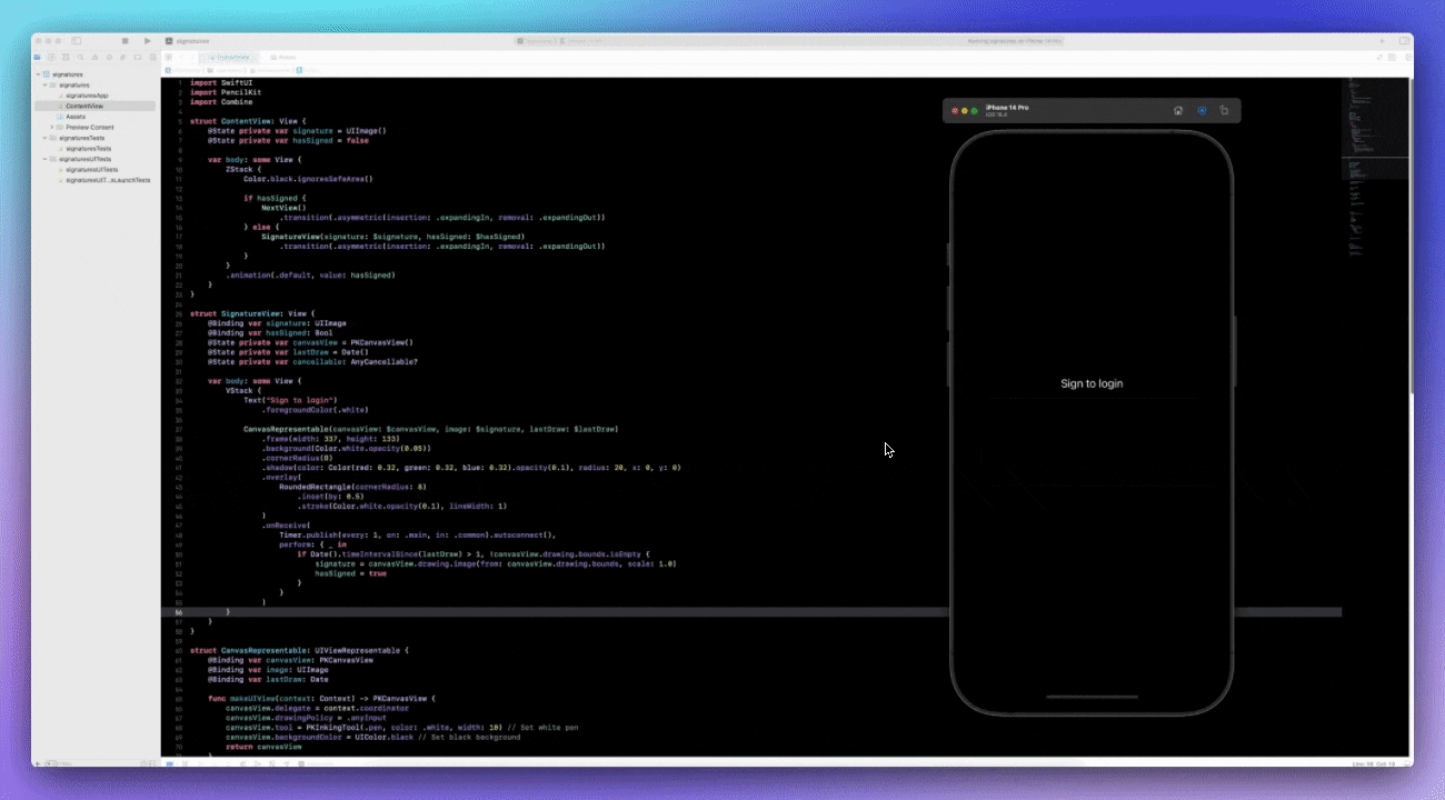 A build running on Xcode showing a sign to unlock app feature