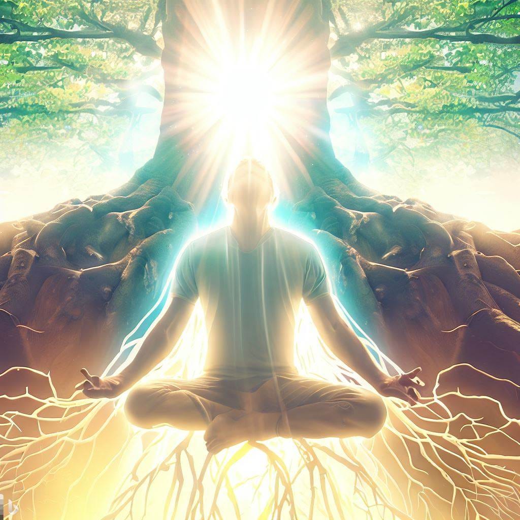 a person practicing pranayama (breathing exercises) or yoga, an image of a tree with roots reaching deep into the earth and branches stretching towards the sky, or an image of the sun radiating light and warmth. The image should convey a sense of vitality, flow, and connection to the energy of the universe.