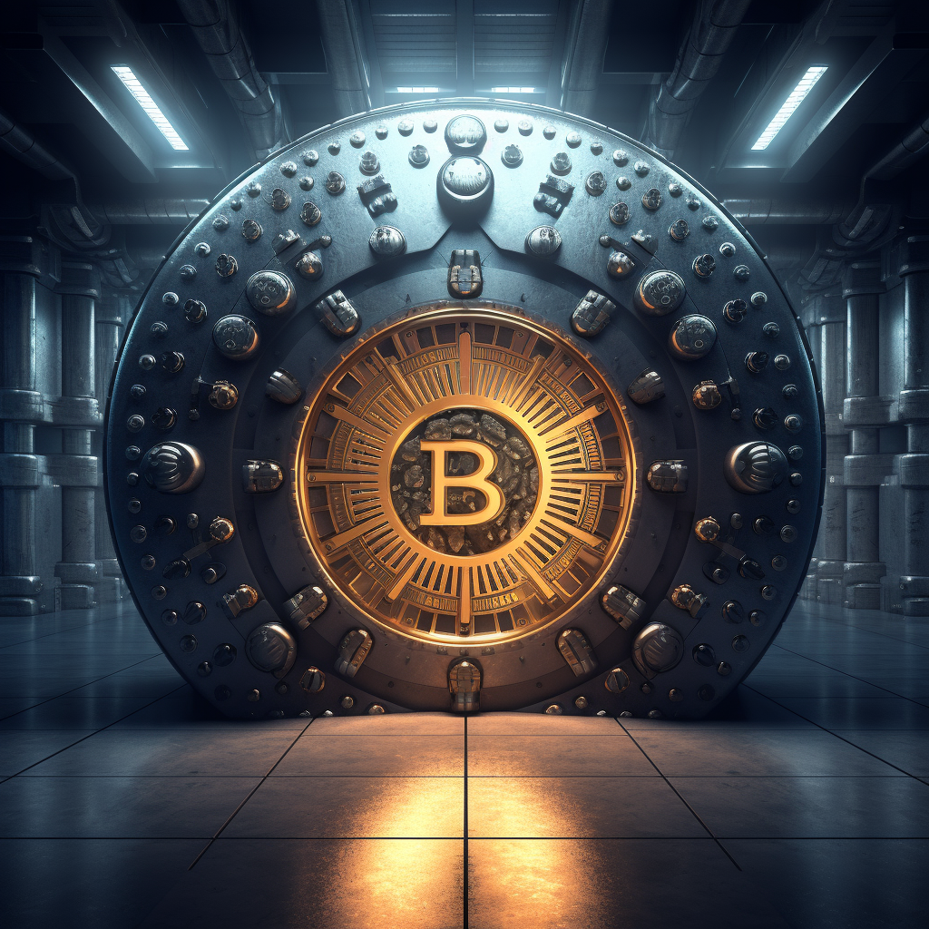 bank vault with a Bitcoin symbol at it’s center