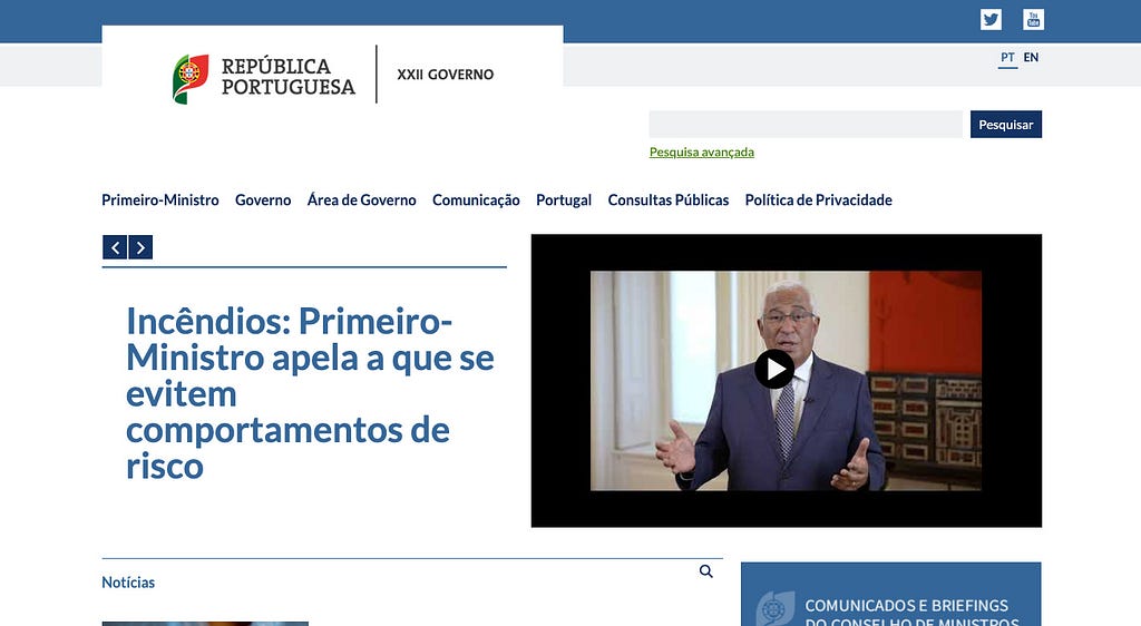 Homepage of portal XXII Governo