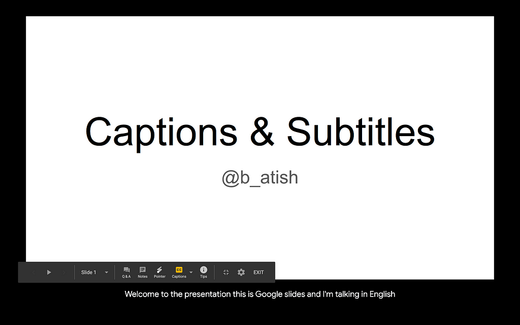 Example of automatic English captions in google slides