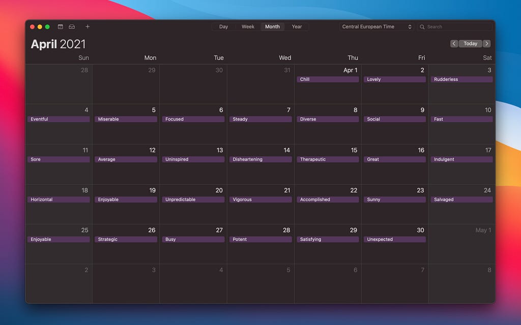 A screenshot of my calendar that displays all of the days within April. Each one-word reflection is shown on it’s respective day.