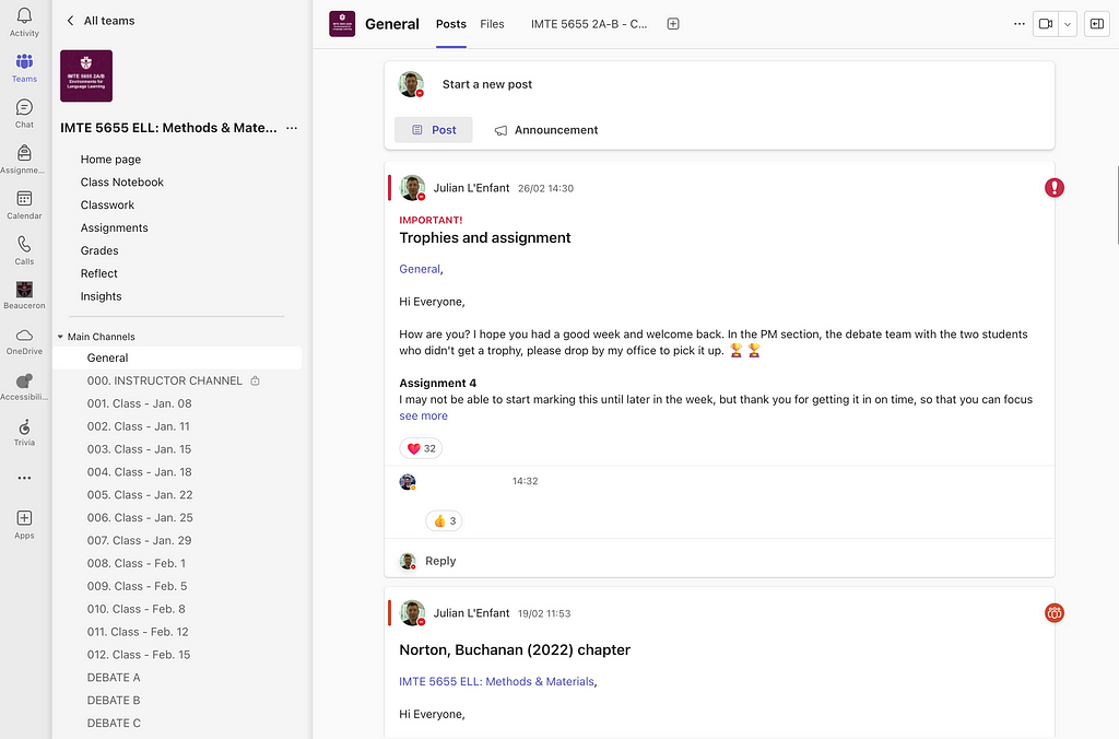 A screenshot of a course on Microsoft Teams.