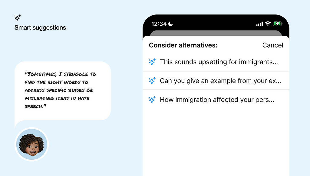 Smart reply feature with suggestions to counter hate speech. Mitigating hate speech online using AI.