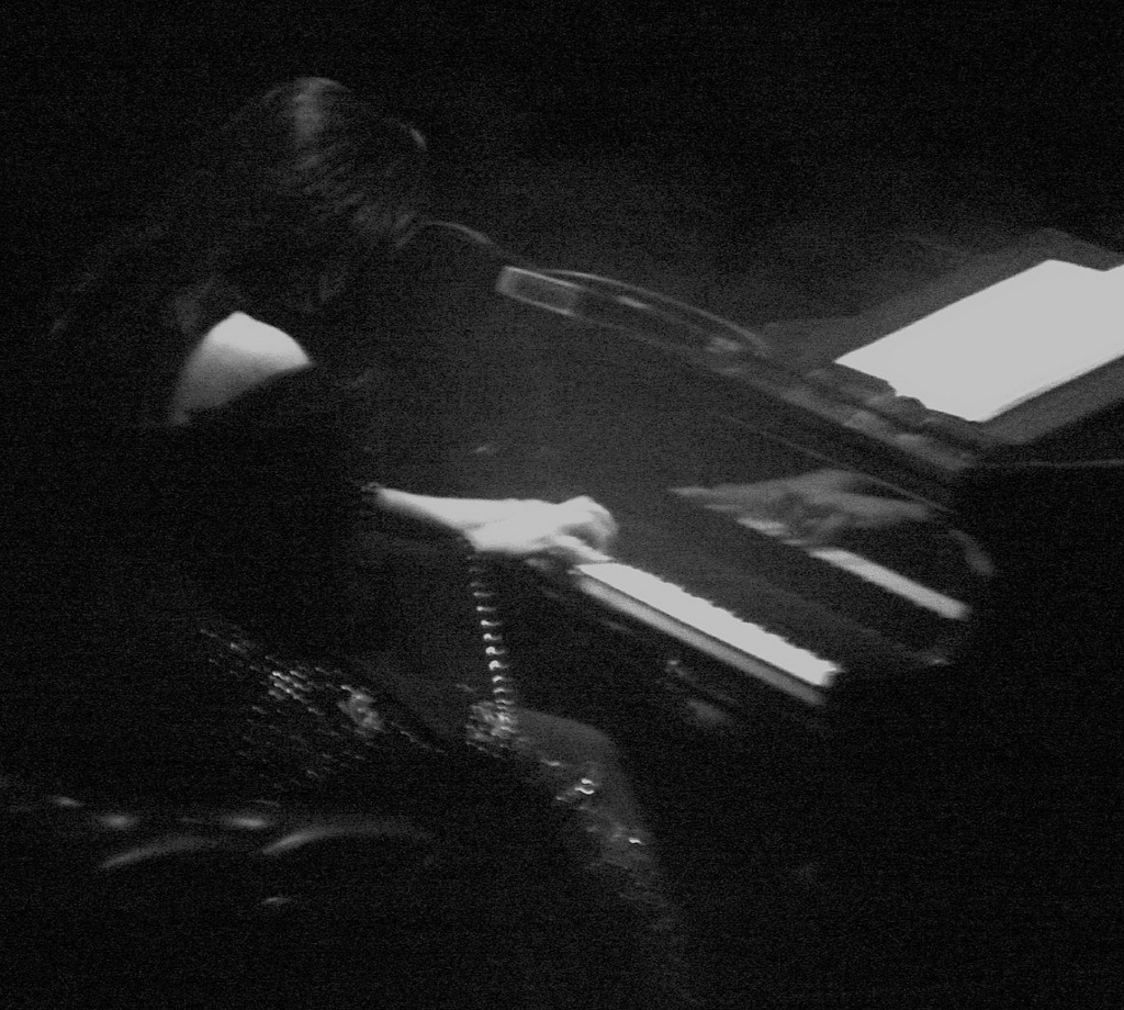A black & white photo of Diamanda Galás at the piano, from behind.