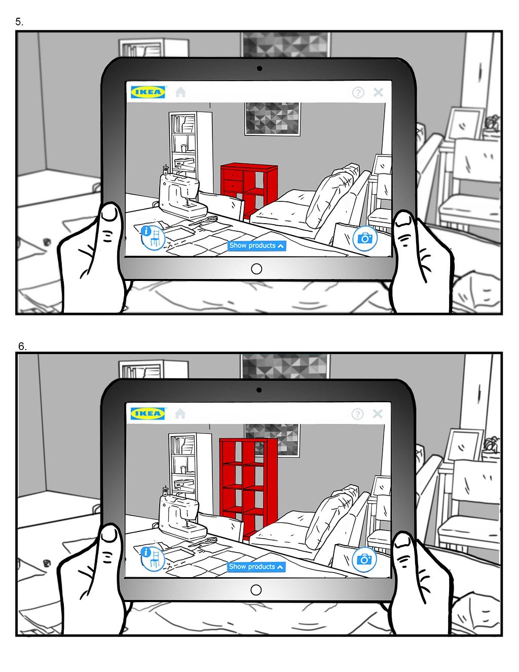 Two panels of a detailed storyboard illustration showing hands holding an iPad. The iPad is using an AR visualization app to show different types of furniture in room.